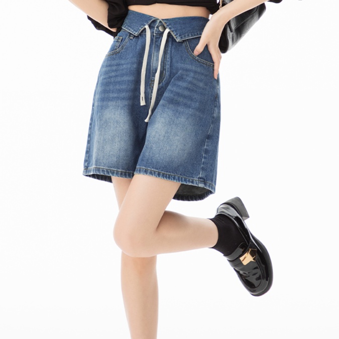 レディースジーンズパンツ ゆったりシルエットショートデニム