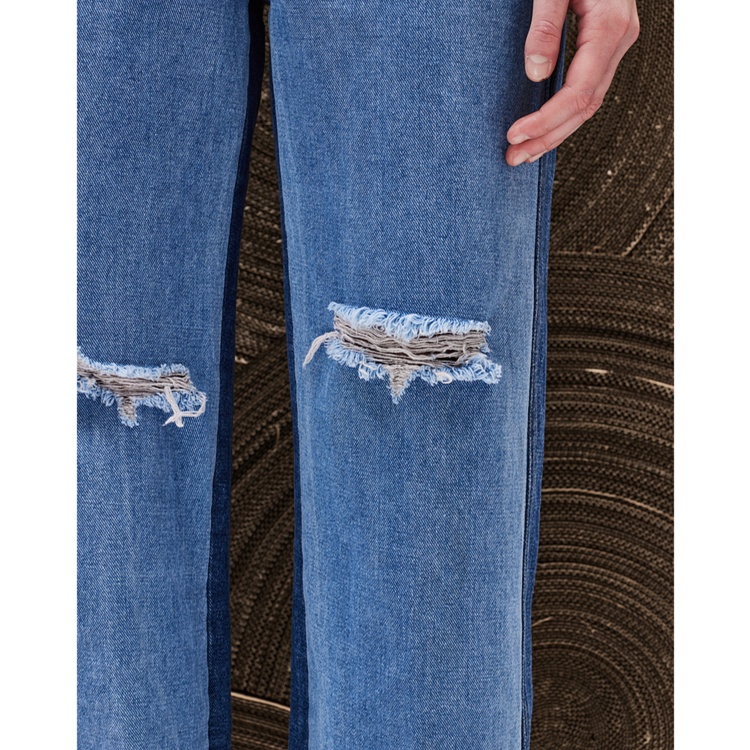 レディースジーンズパンツ ダメージ加工ストレートデニム