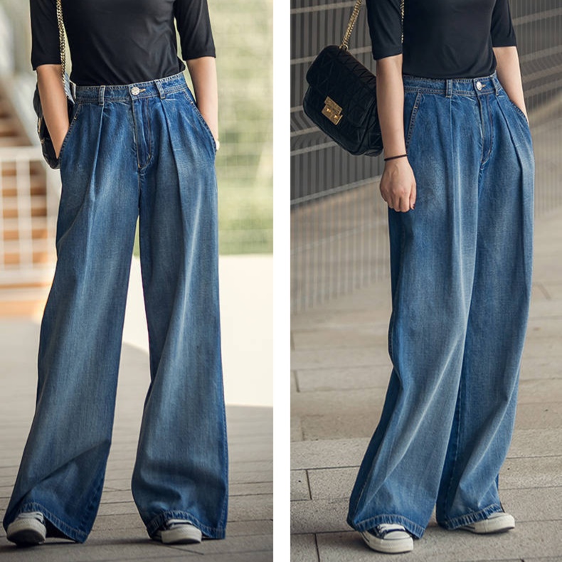 レディースジーンズパンツ タック入りワイドデニムパンツ