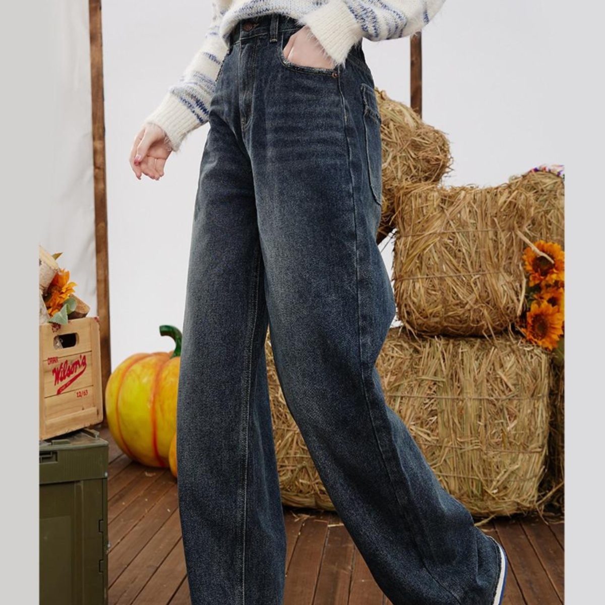 レディースジーンズパンツ ゆったりシルエット ハイウエストストレートデニム