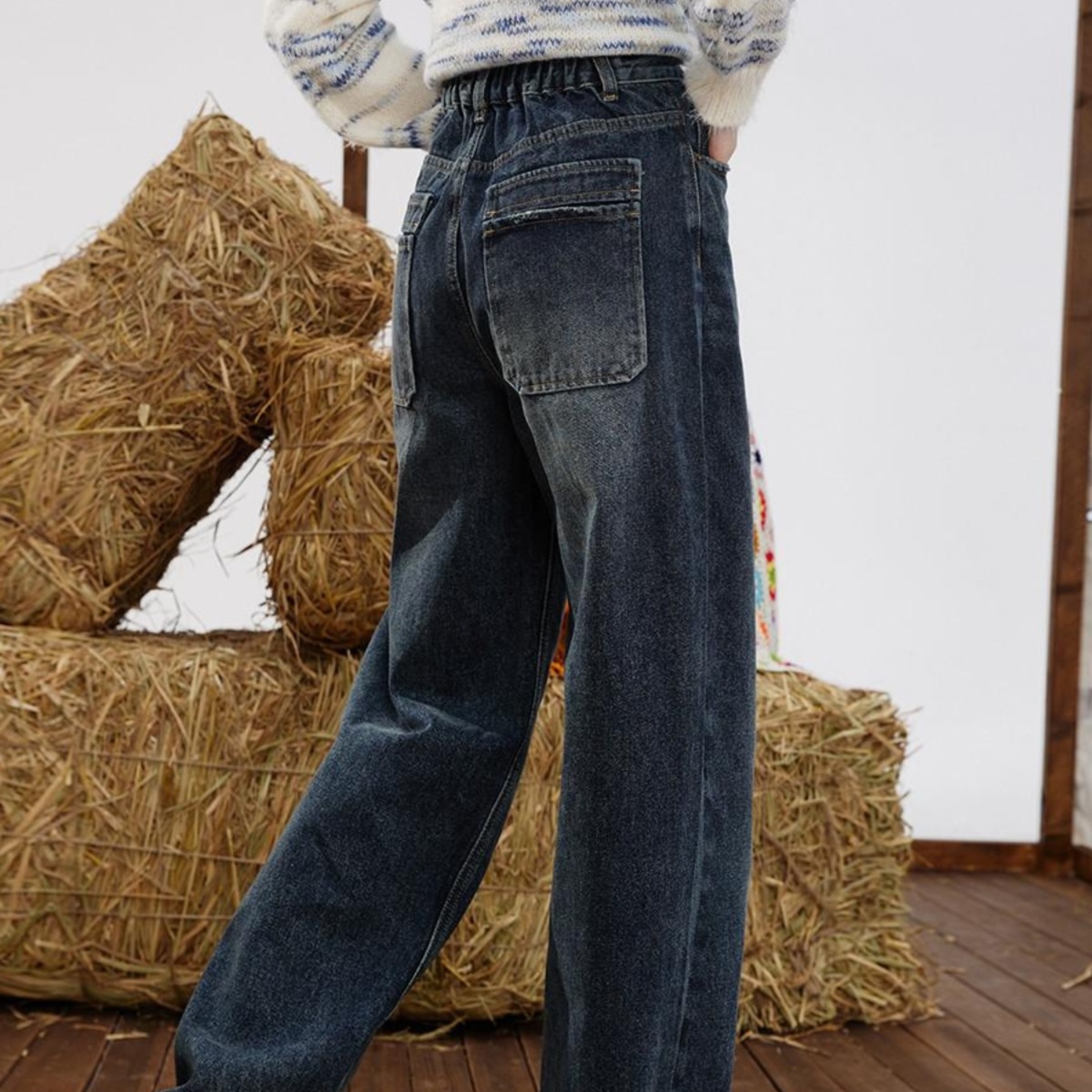 レディースジーンズパンツ ゆったりシルエット ハイウエストストレートデニム