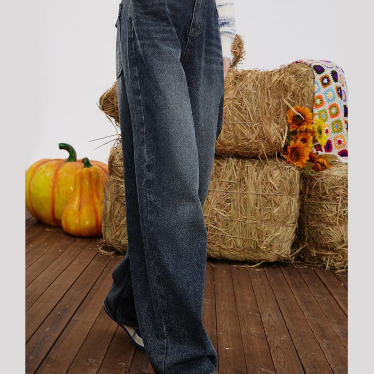 レディースジーンズパンツ ゆったりシルエット ハイウエストストレートデニム
