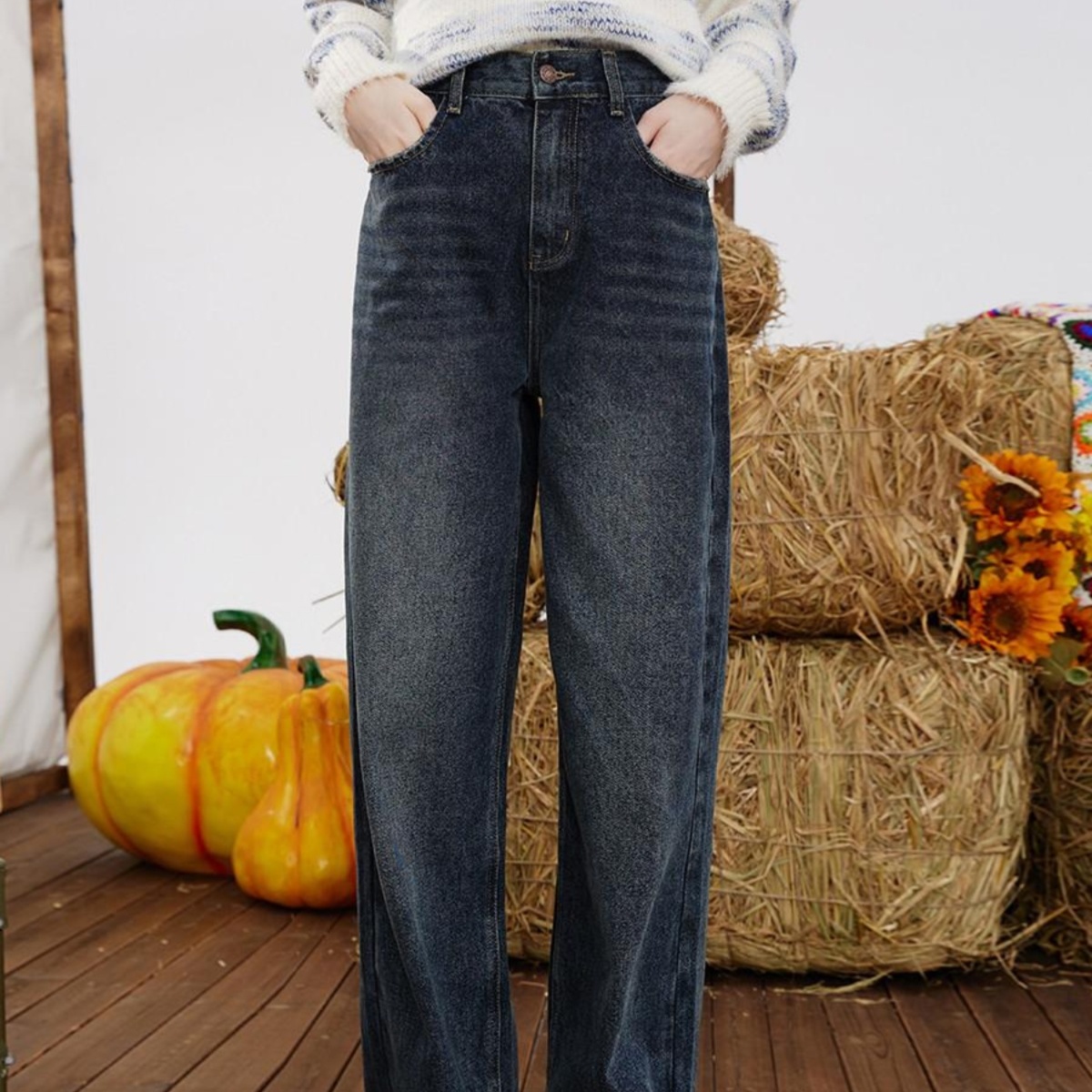 レディースジーンズパンツ ゆったりシルエット ハイウエストストレートデニム