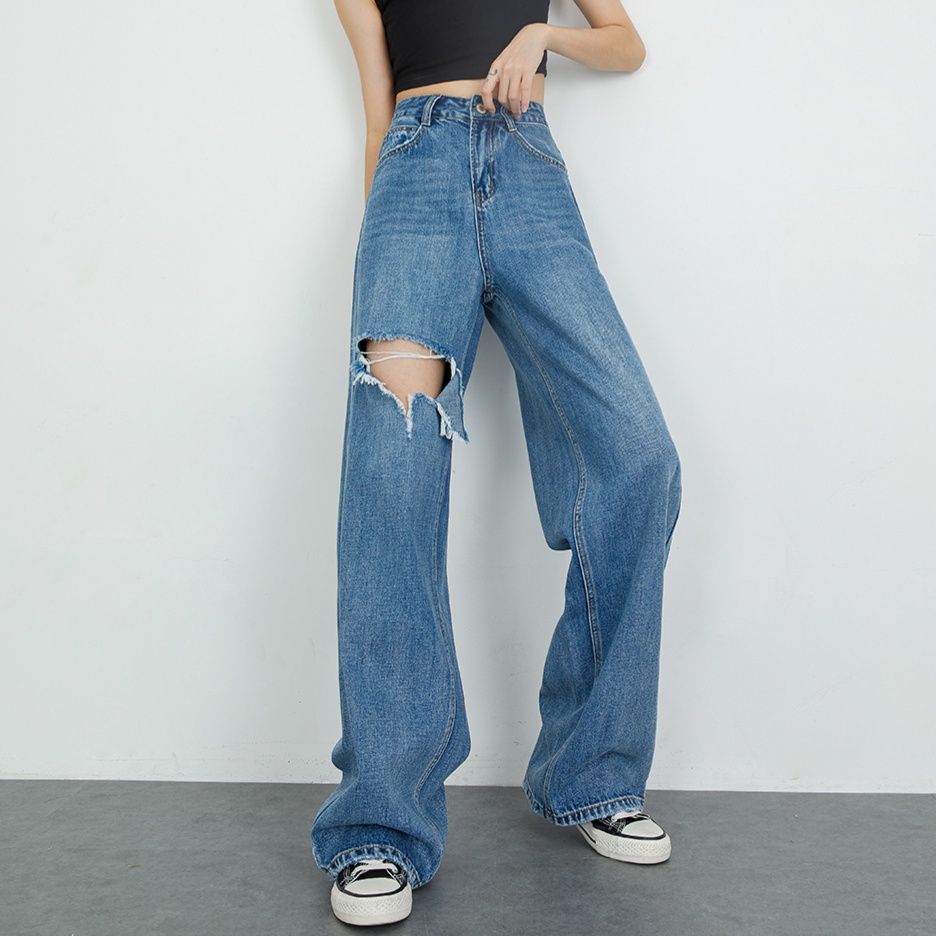 レディースジーンズパンツ ダメージ加工ワイドデニムパンツ