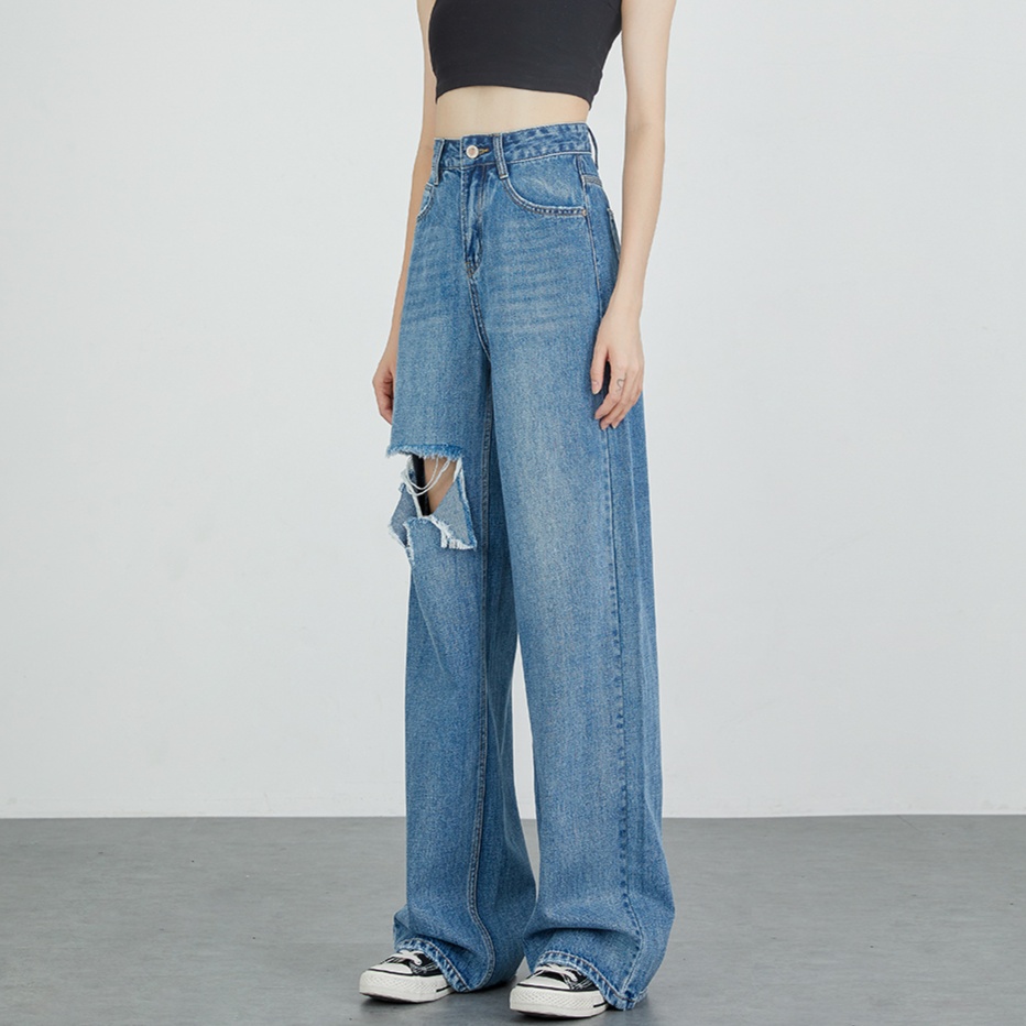 レディースジーンズパンツ ダメージ加工ワイドデニムパンツ