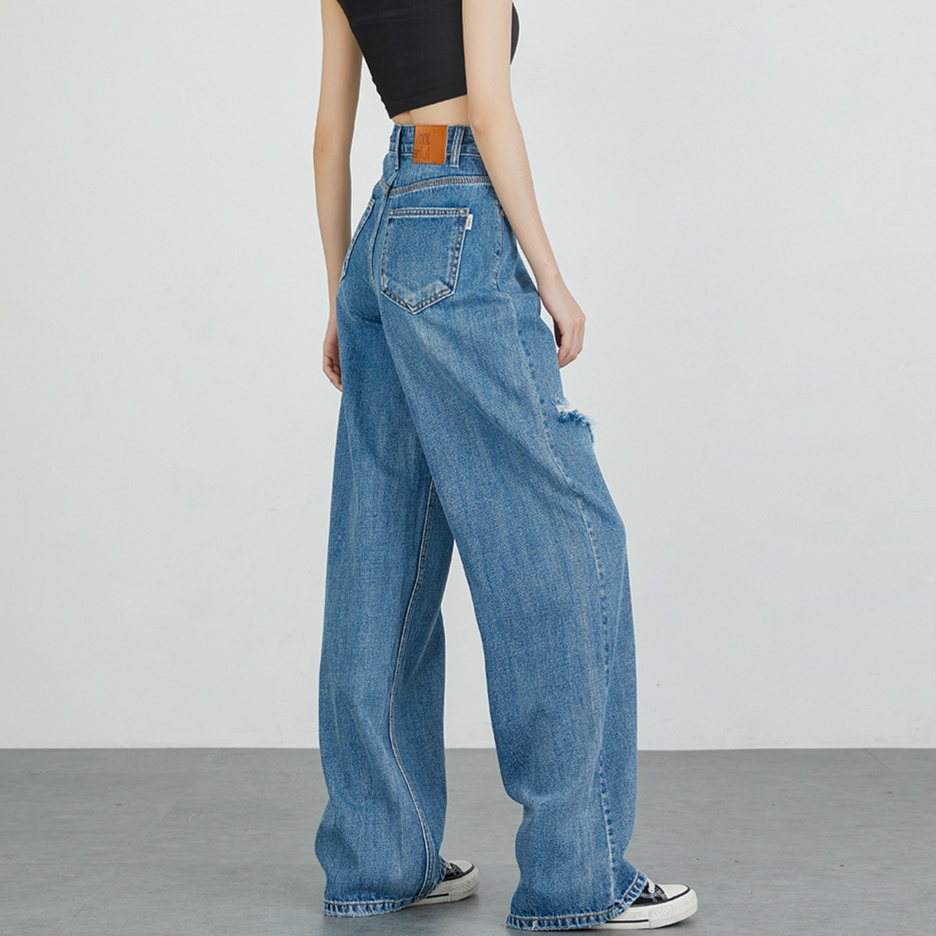 レディースジーンズパンツ ダメージ加工ワイドデニムパンツ