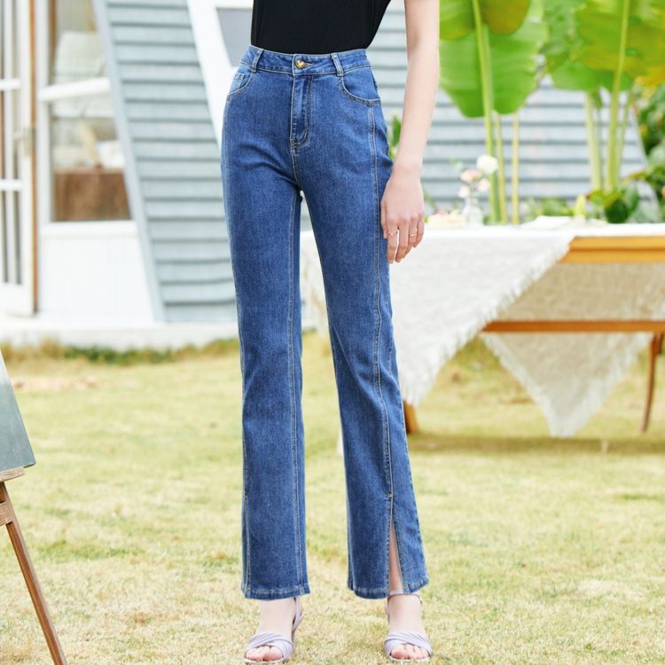 レディース ジーンズ　裾スリット入りハイウエストストレートデニム