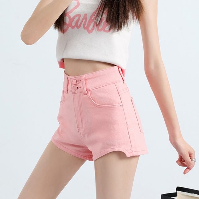 レディース ジーンズ ハイウエストダブルボタンショートパンツ