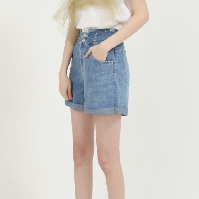 レディース ジーンズ ハイウエスト折り返しショートパンツ