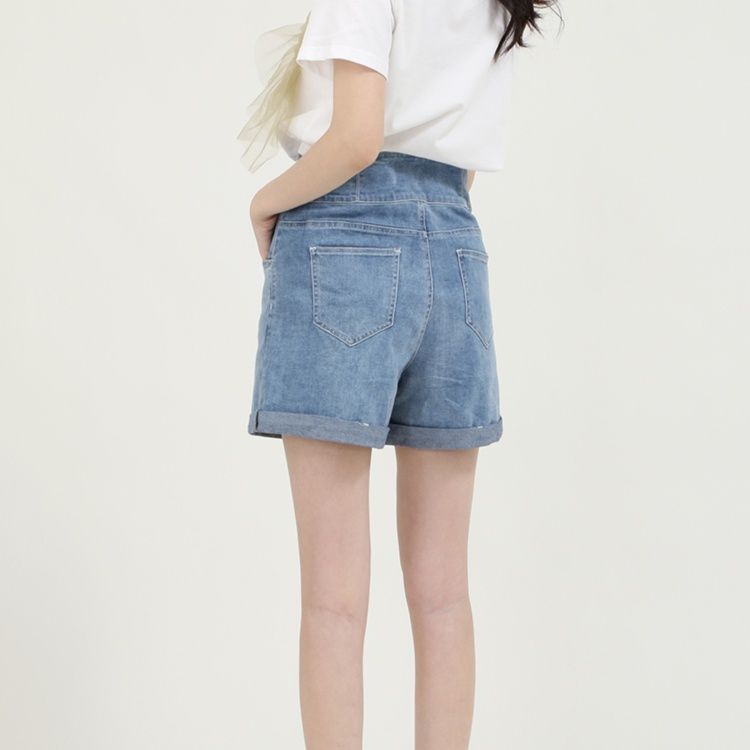 レディース ジーンズ ハイウエスト折り返しショートパンツ