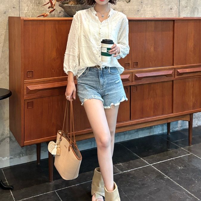 レディース ジーンズ フリンジ裾 デニムショートパンツ