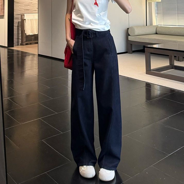 レディース ジーンズ ゆったりベルト付きストレートデニム