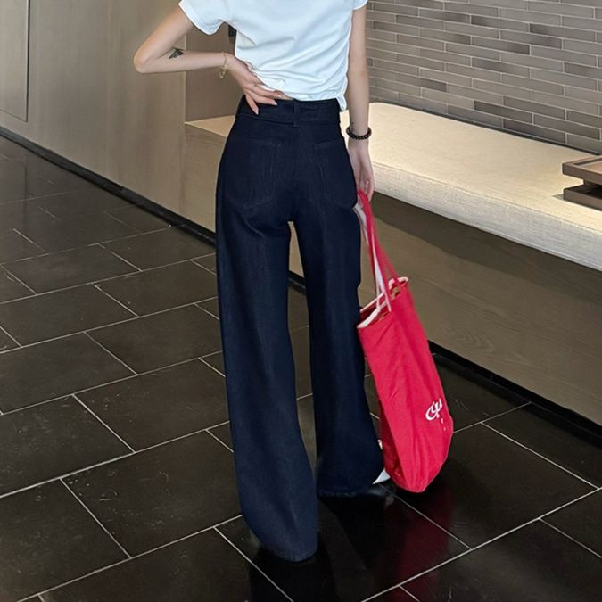 レディース ジーンズ ゆったりベルト付きストレートデニム