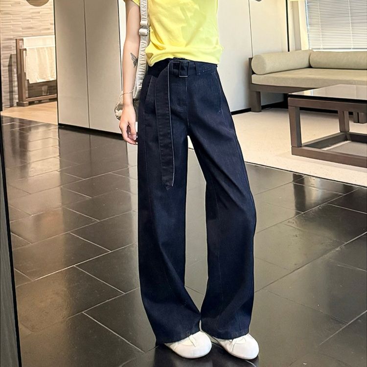 レディース ジーンズ ゆったりベルト付きストレートデニム