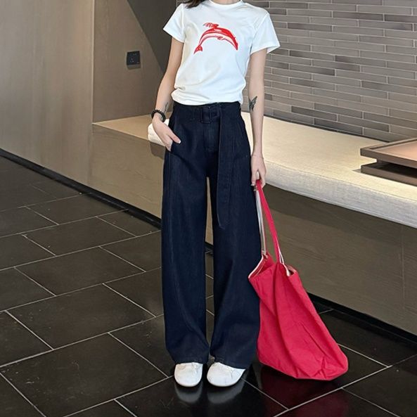 レディース ジーンズ ゆったりベルト付きストレートデニム