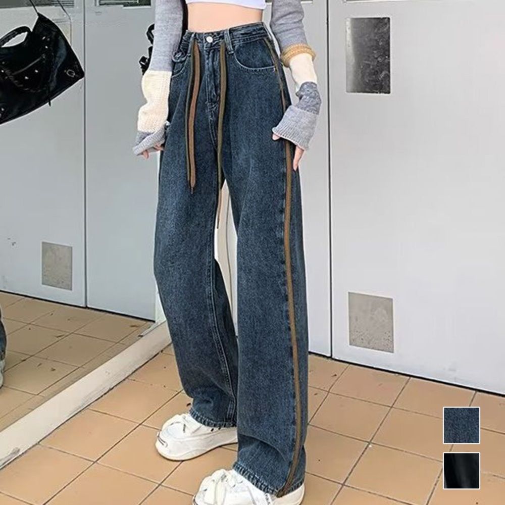 レディース ジーンズ ハイウエスト ストレートデニム サイドライン美脚パンツ