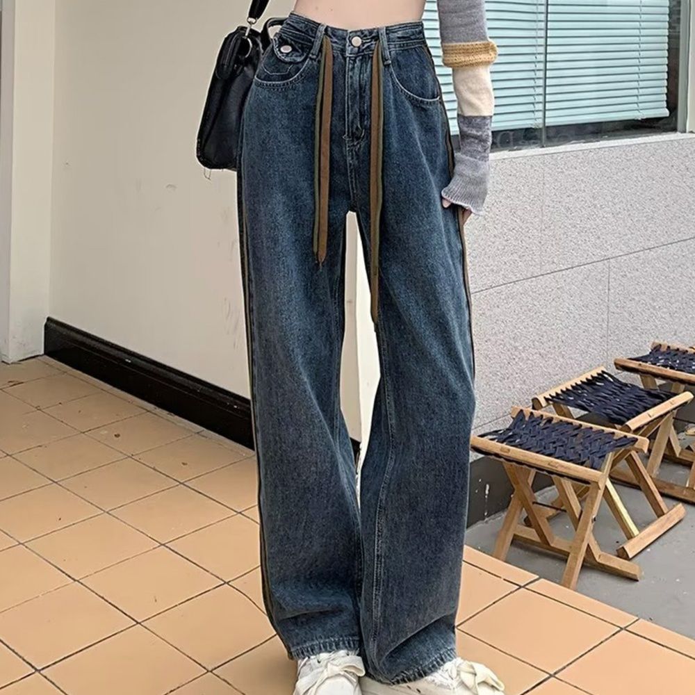 レディース ジーンズ ハイウエスト ストレートデニム サイドライン美脚パンツ