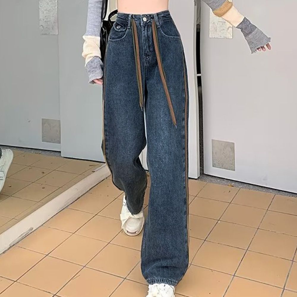 レディース ジーンズ ハイウエスト ストレートデニム サイドライン美脚パンツ