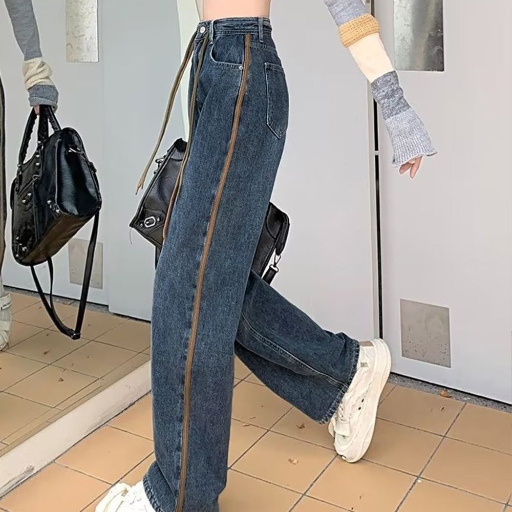 レディース ジーンズ ハイウエスト ストレートデニム サイドライン美脚パンツ