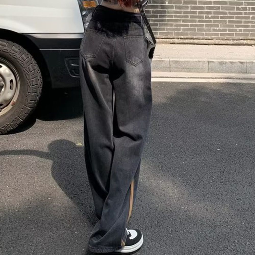 レディース ジーンズ ハイウエスト ストレートデニム サイドライン美脚パンツ