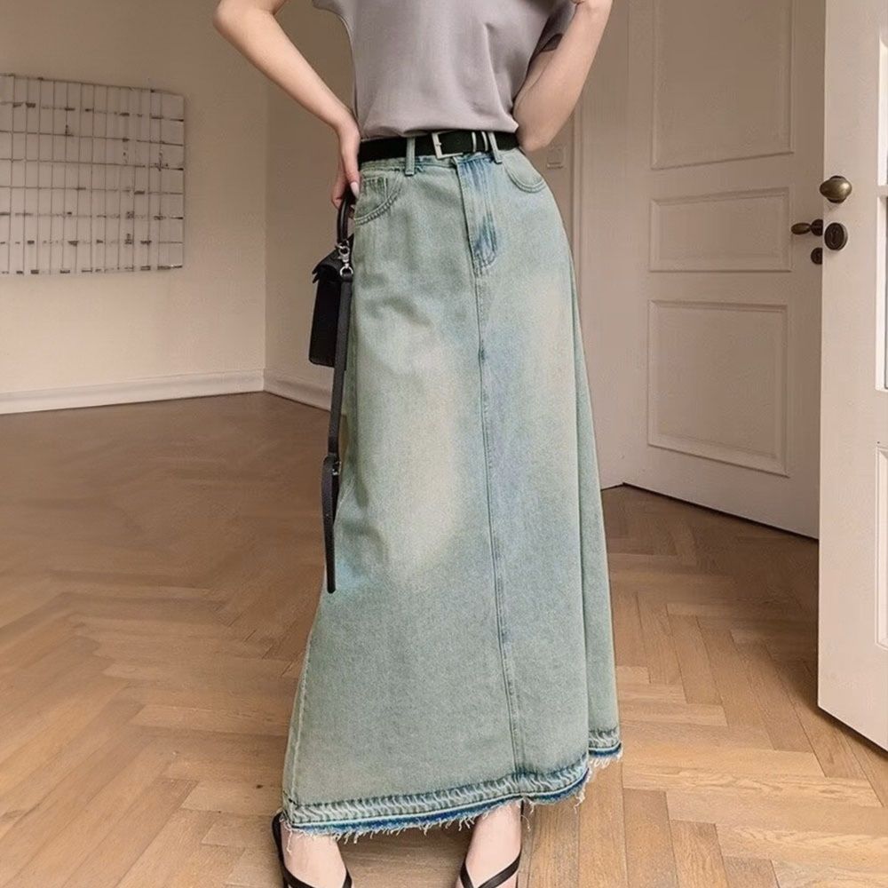 レディース ジーンズ 裾フリンジ加工 バックスリットデニムスカート