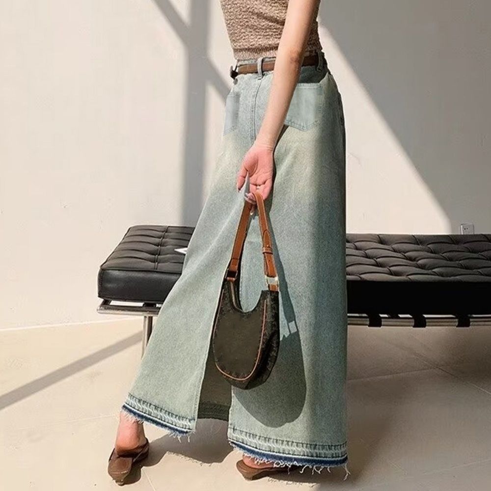 レディース ジーンズ 裾フリンジ加工 バックスリットデニムスカート