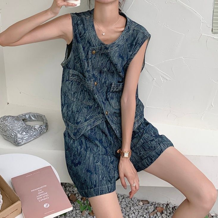 レディース ジーンズ 涼やか波模様ベスト＆ショートパンツセット