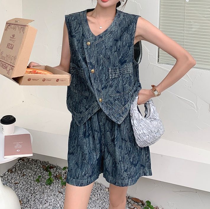 レディース ジーンズ 涼やか波模様ベスト＆ショートパンツセット