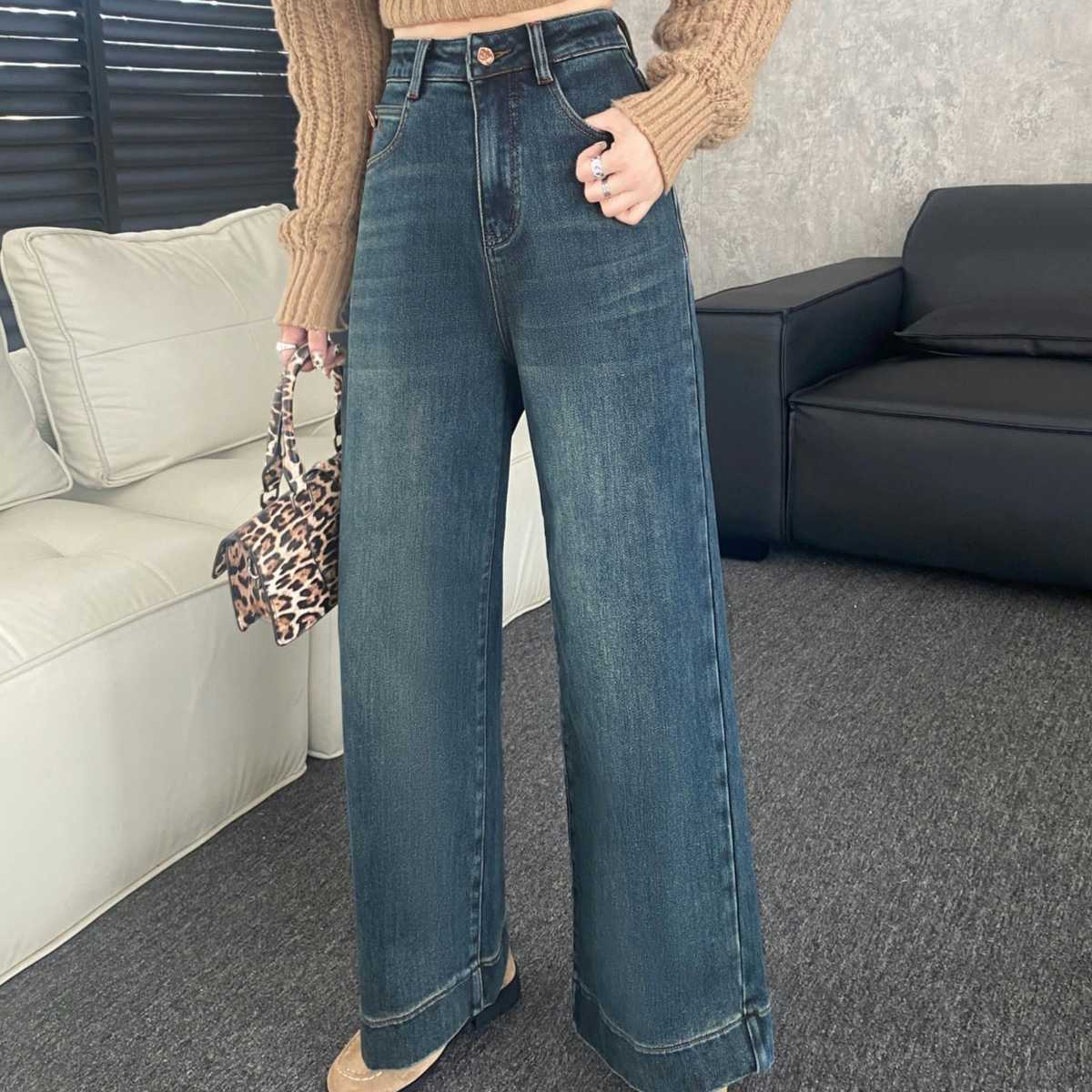 レディースジーンズパンツ ゆったりワイドシルエット デニムパンツ