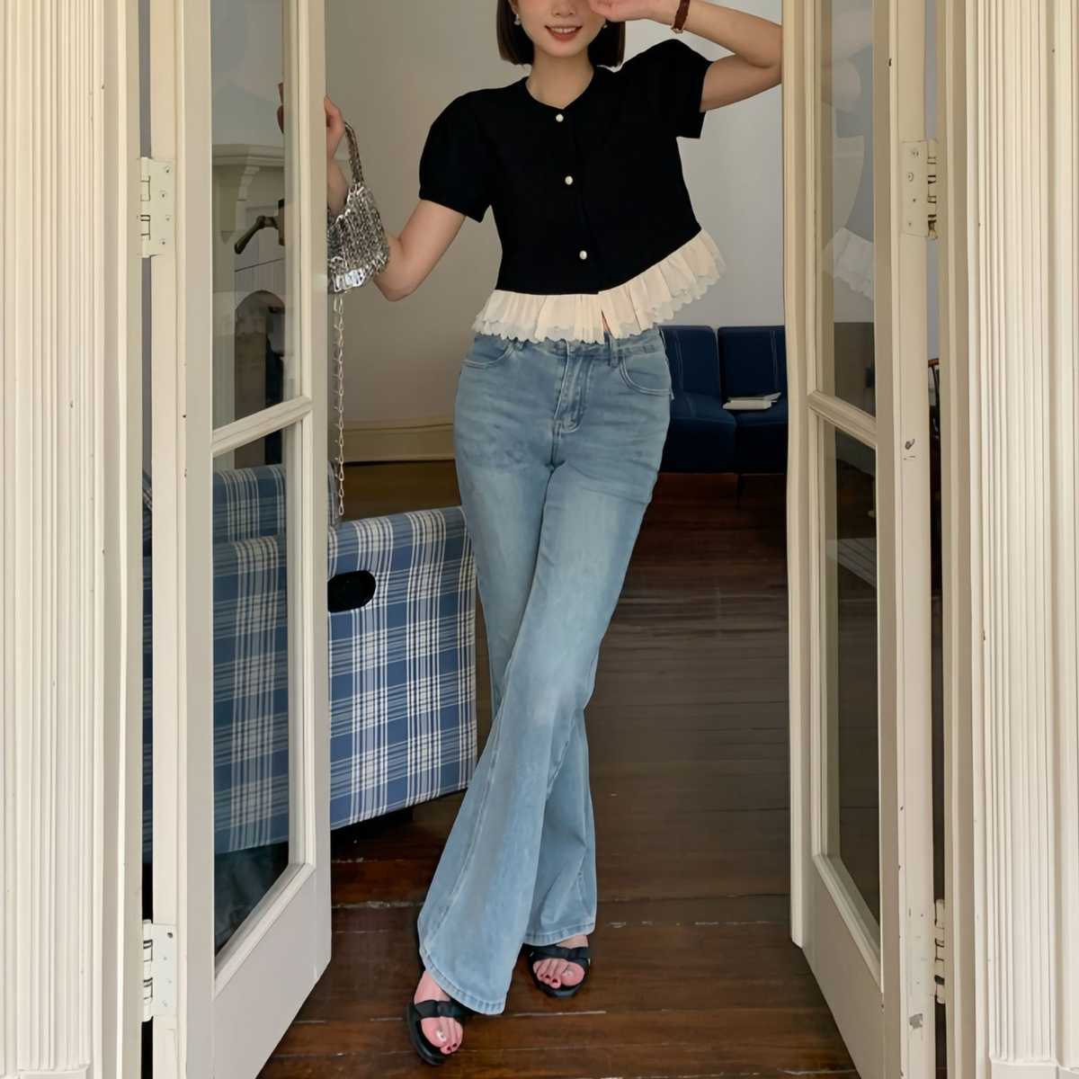 レディースジーンズパンツ ゆったりフレアデニムパンツ