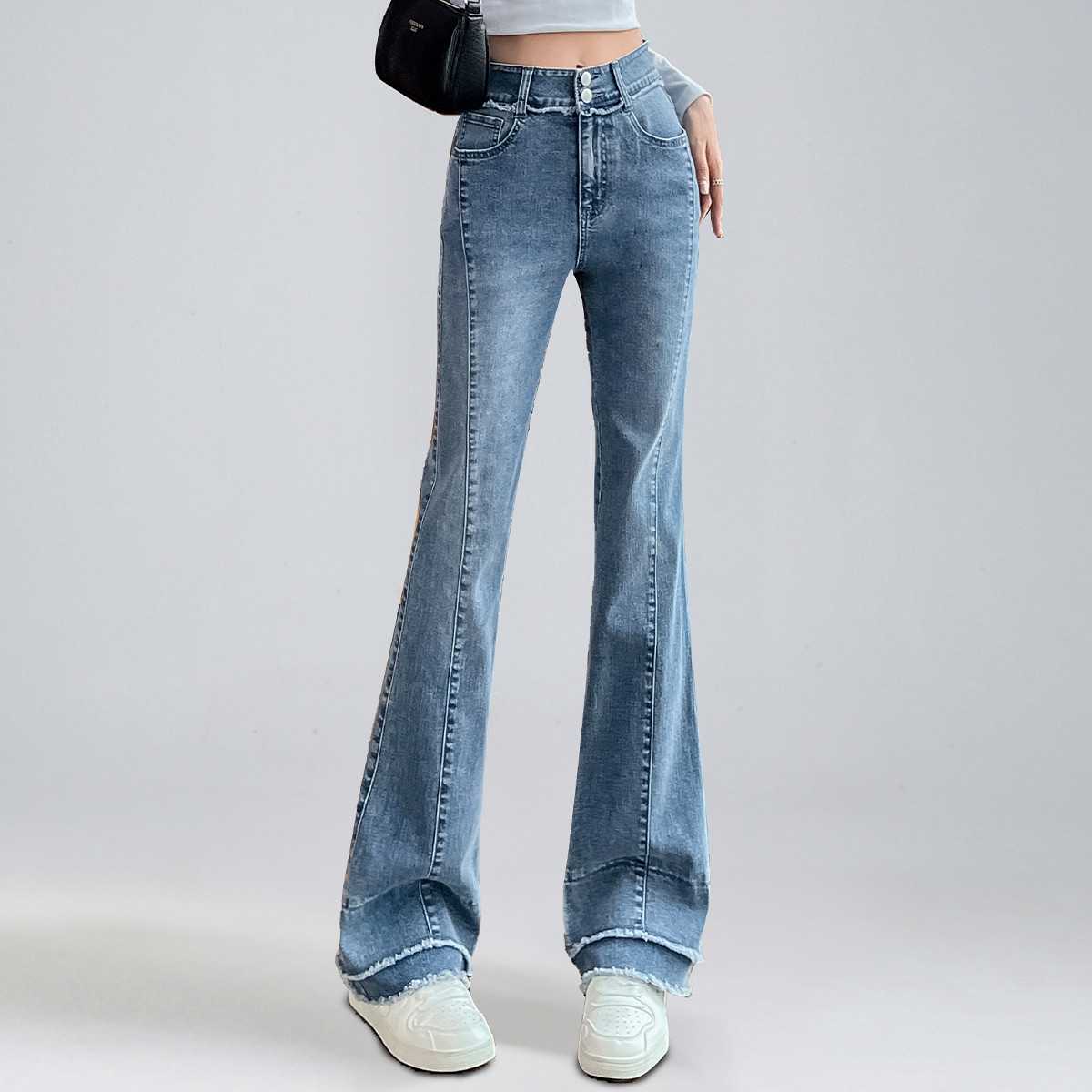 レディースジーンズパンツ ハイウエストフリンジフレアデニム