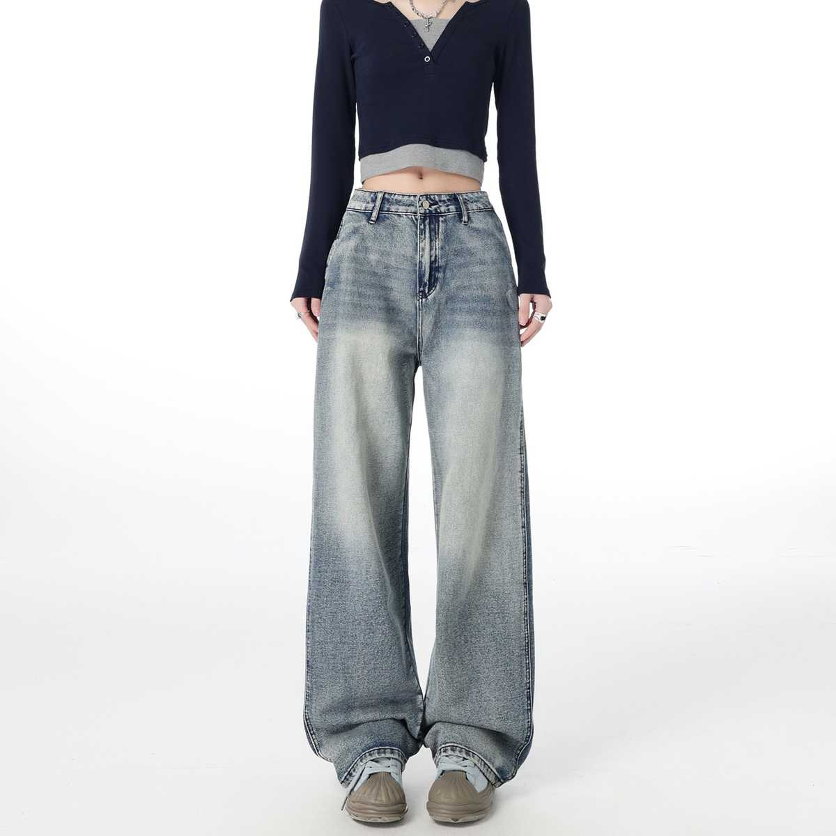 レディースジーンズパンツ ハイウエストデニムワイドパンツ