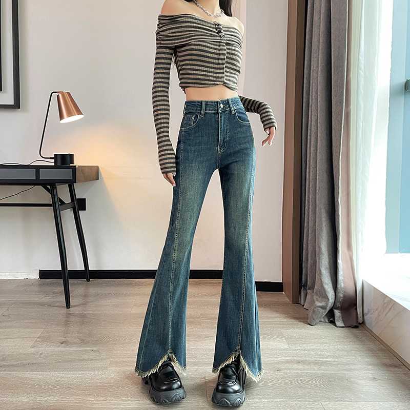 レディースジーンズパンツ ダメージ加工裾フリンジフレアデニム