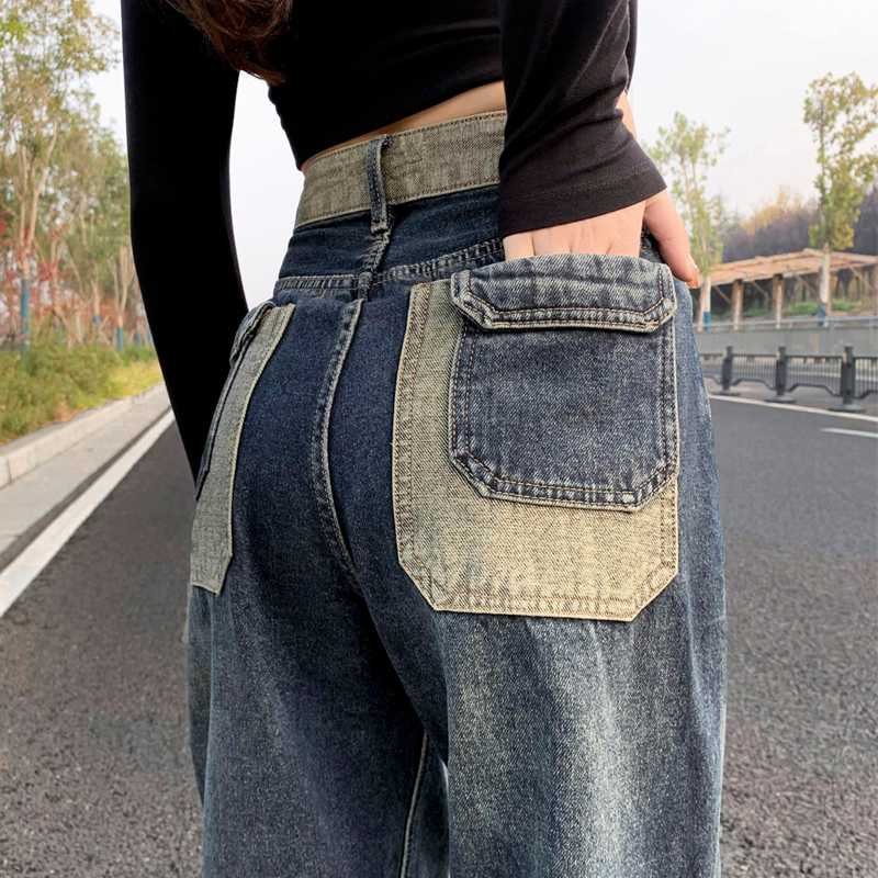 レディースジーンズパンツ ヴィンテージ風バイカラーワイドデニム