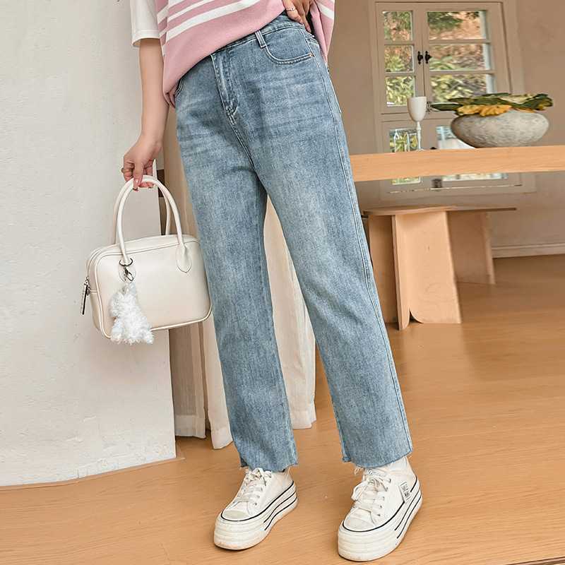 レディースジーンズパンツ ゆったりシルエット裾フリンジデニム