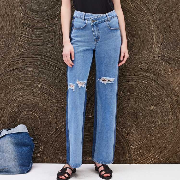 レディースジーンズパンツ ダメージ加工ストレートデニム