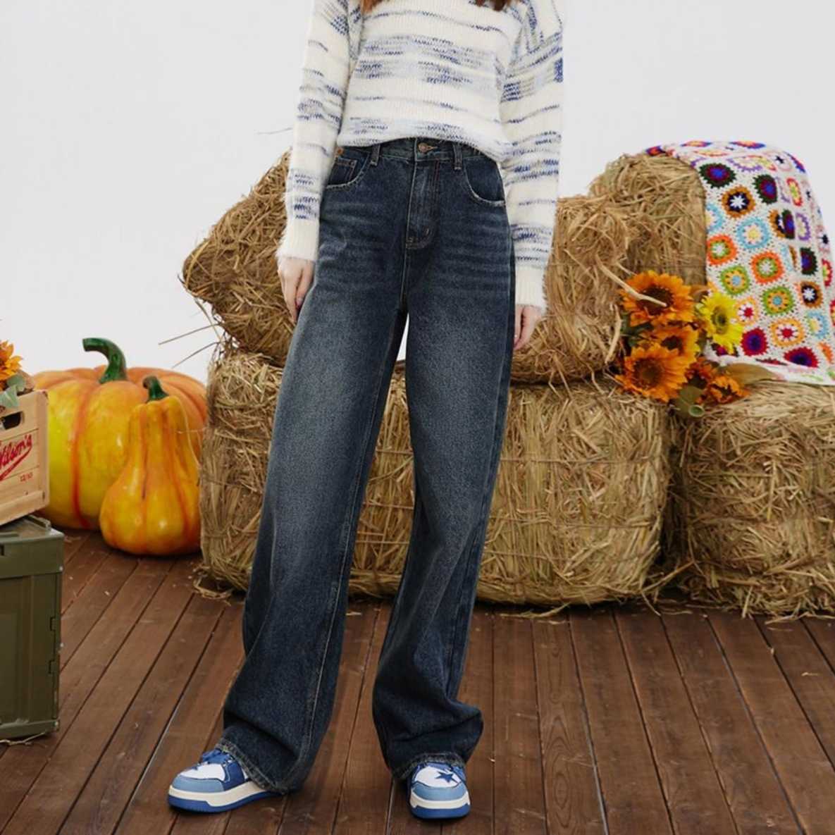 レディースジーンズパンツ ゆったりシルエット ハイウエストストレートデニム