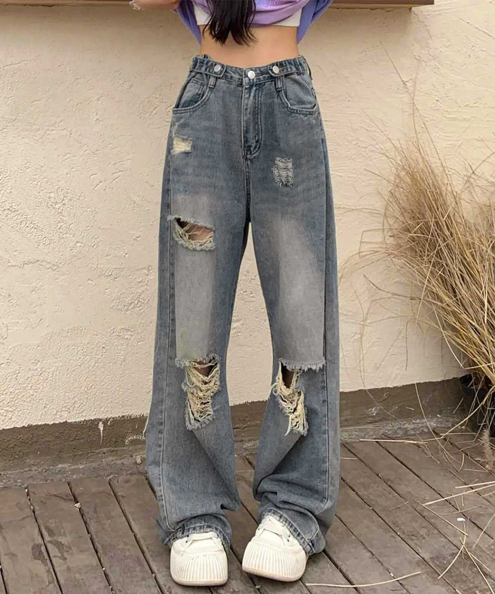 レディース ジーンズ ハイウエストダメージデニム ワイドパンツ