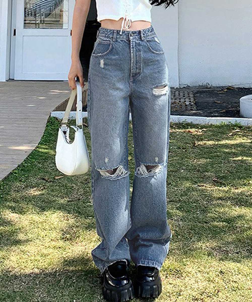 レディース ジーンズ ハイウエストダメージデニム 美脚ストレート