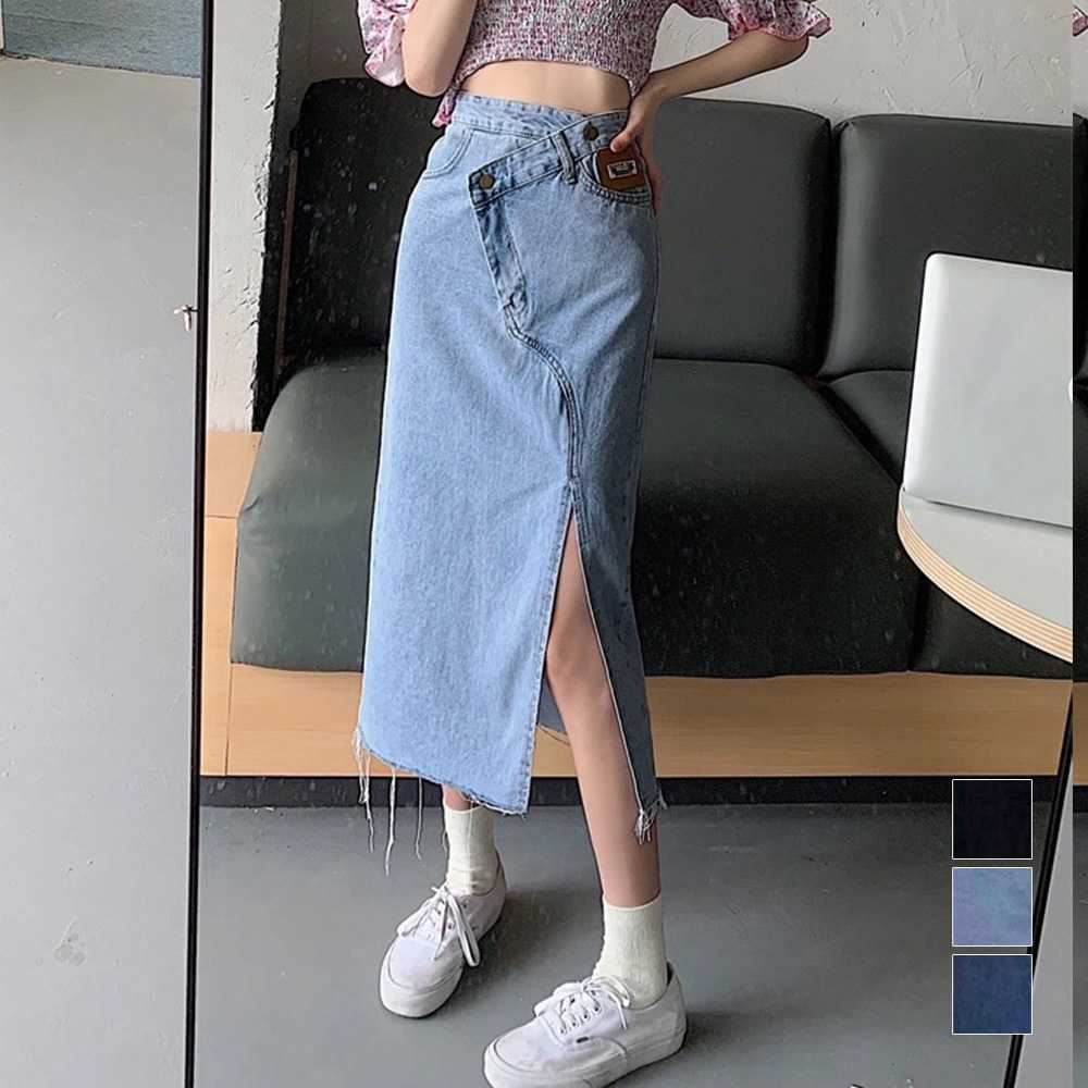 レディース ジーンズ デニムスカート アシンメトリー美脚スリット