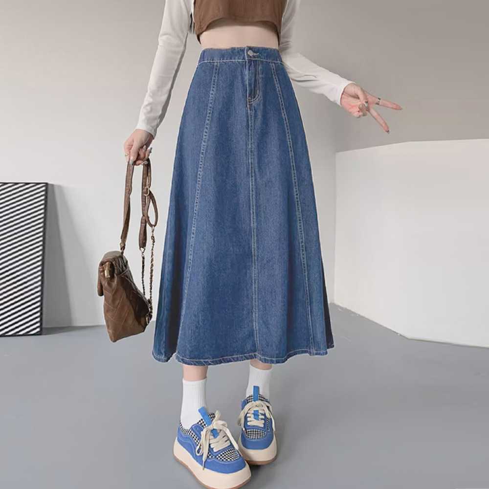 レディース ジーンズ ハイウエストフレアデニムスカート ミモレ丈