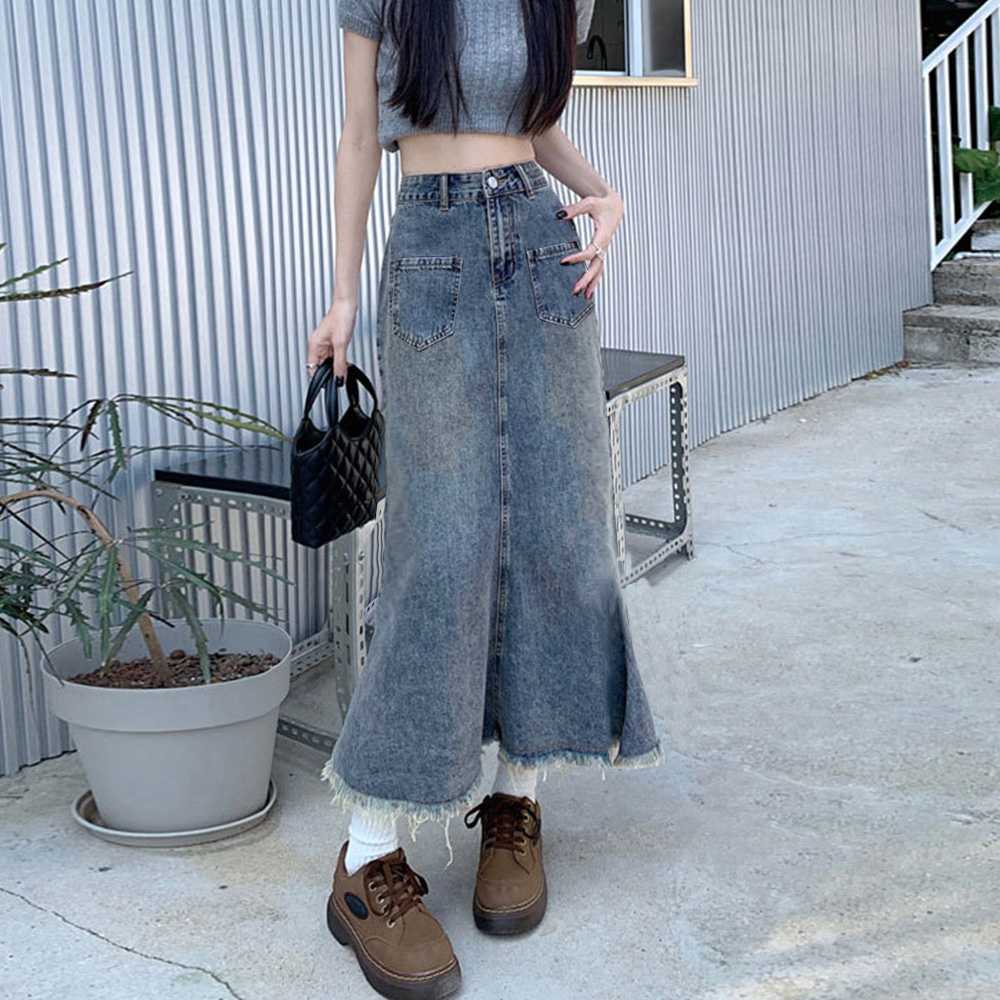 レディース ジーンズ ハイウエストフリンジデニムスカート ロング丈