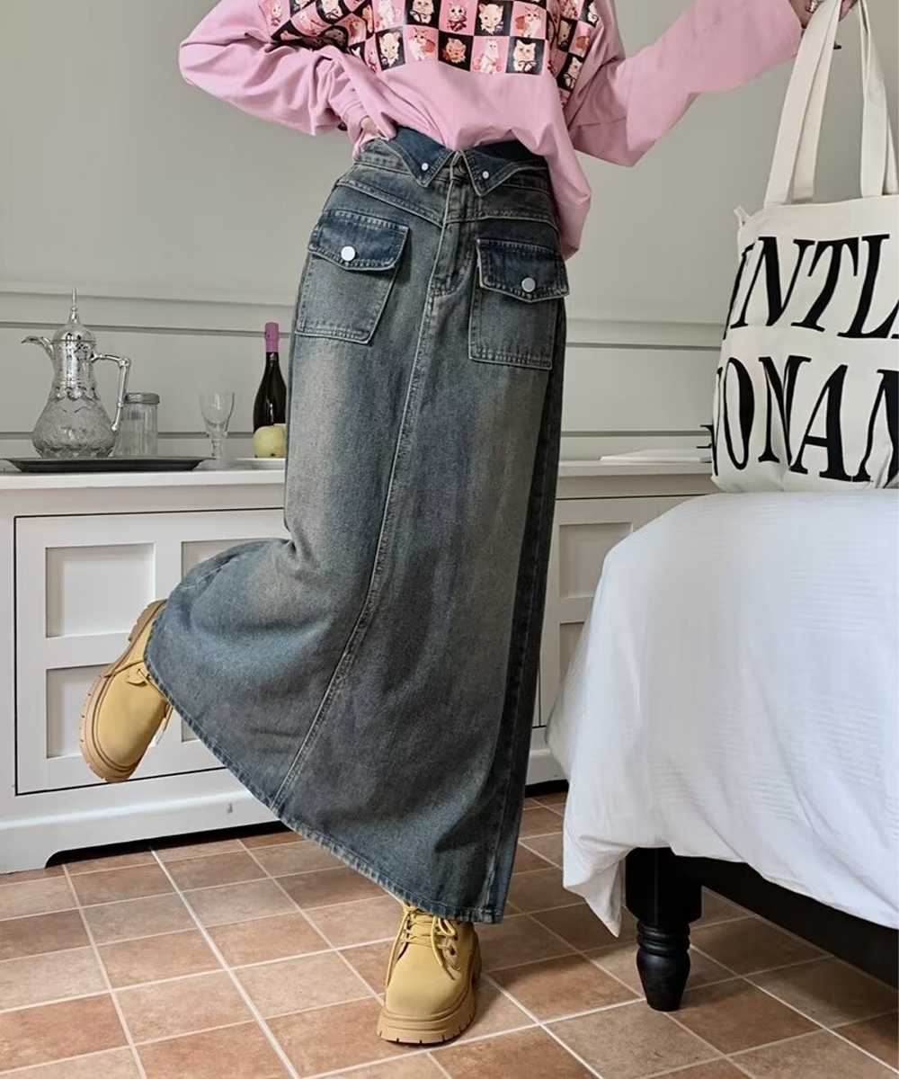 レディース ジーンズ デニムマキシスカート ポケット付き 美脚効果
