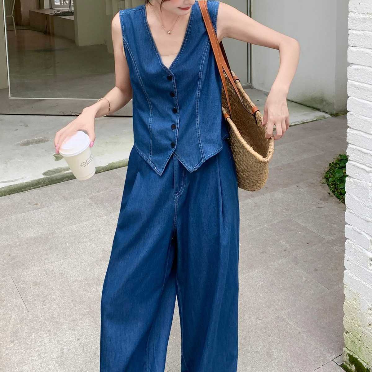 レディース ジーンズ ノースリーブベスト＆ワイドパンツセット