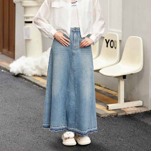 レディース ジーンズ ハイウエスト ロング丈 デニムスカート