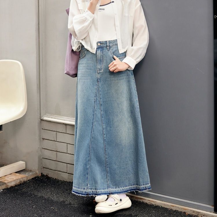 レディース ジーンズ ハイウエスト ロング丈 デニムスカート
