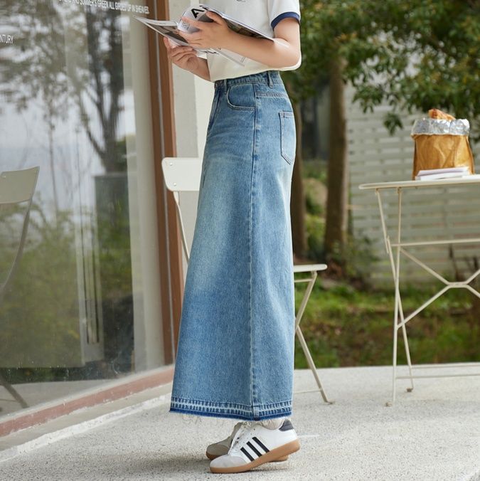 レディース ジーンズ ハイウエスト ロング丈 デニムスカート