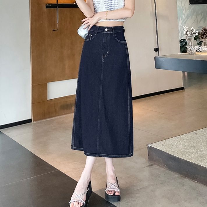 レディース ジーンズ ハイウエスト台形シルエットロング丈デニムスカート