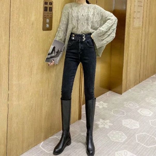 レディース ジーンズ ハイウエスト二重ベルト美脚スキニーデニム