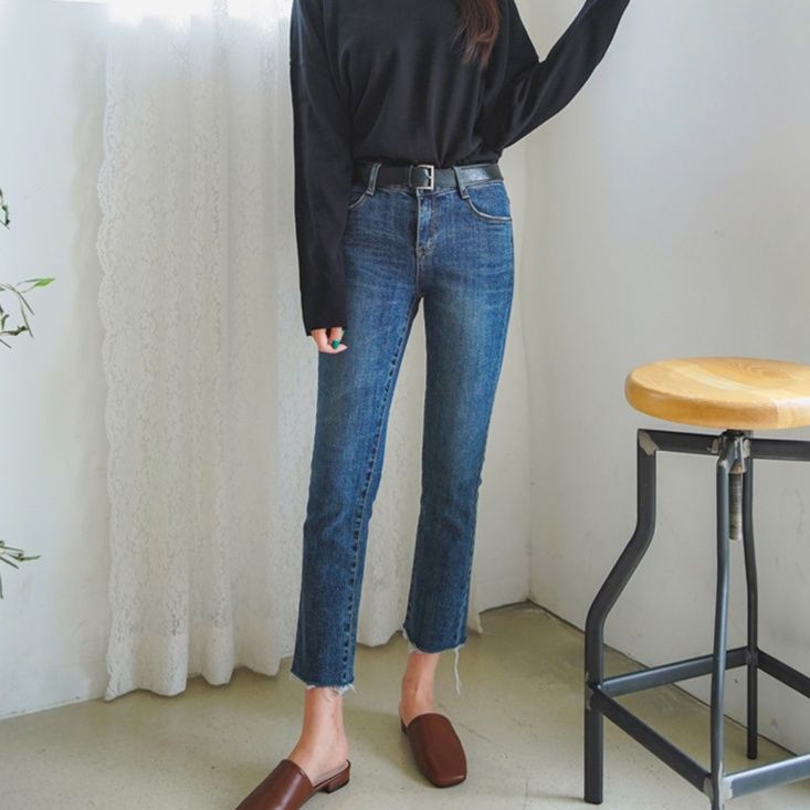 レディース ジーンズ 切りっぱなし九分丈スリムストレートデニムパンツ